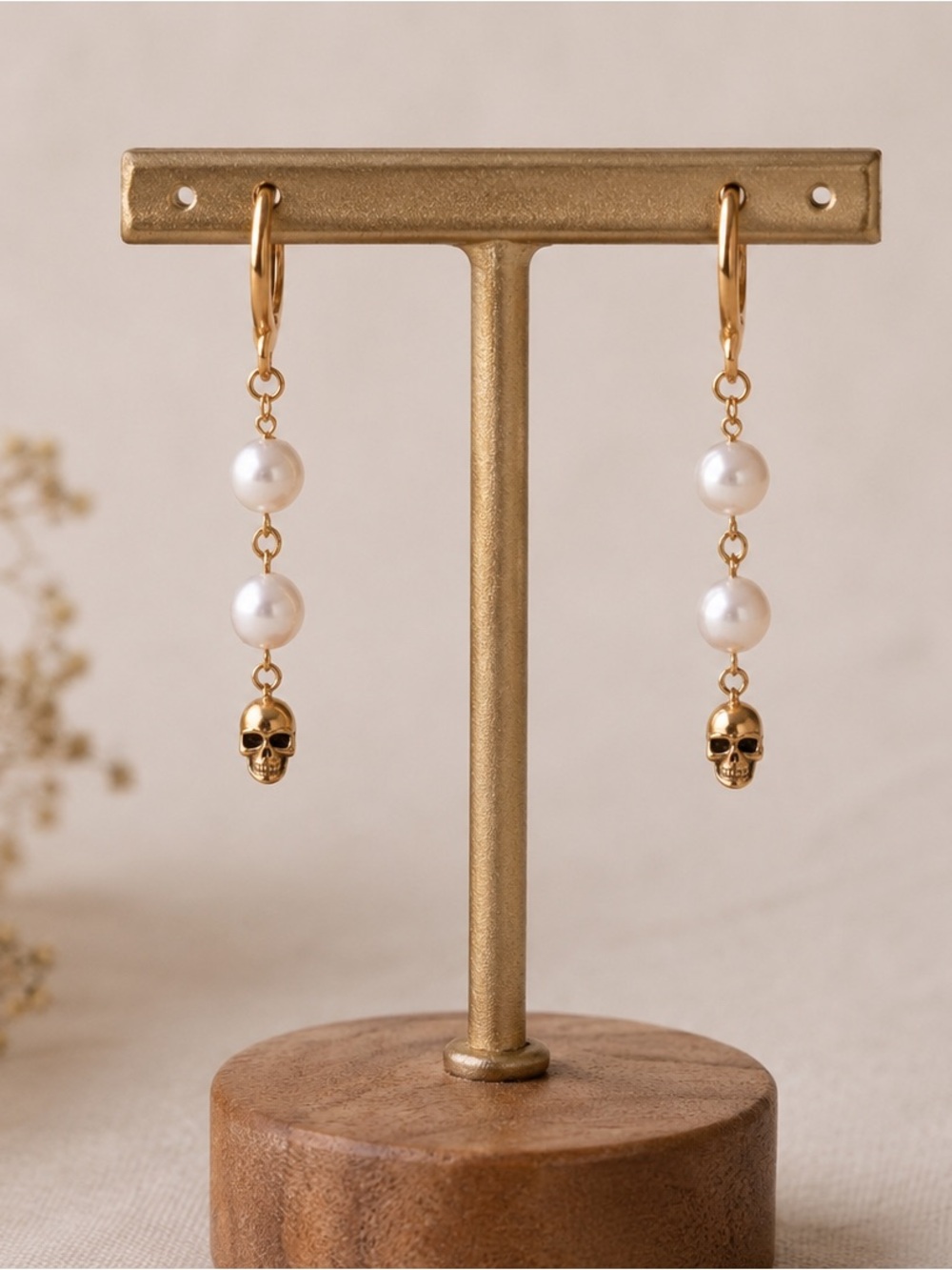 Elegant Gold and Pearl Skull Earrings